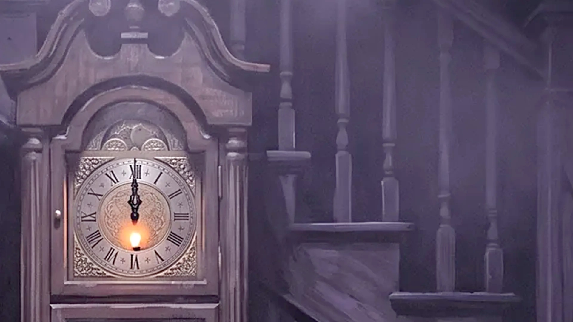 Antique grandfather clock face lit by a single flame