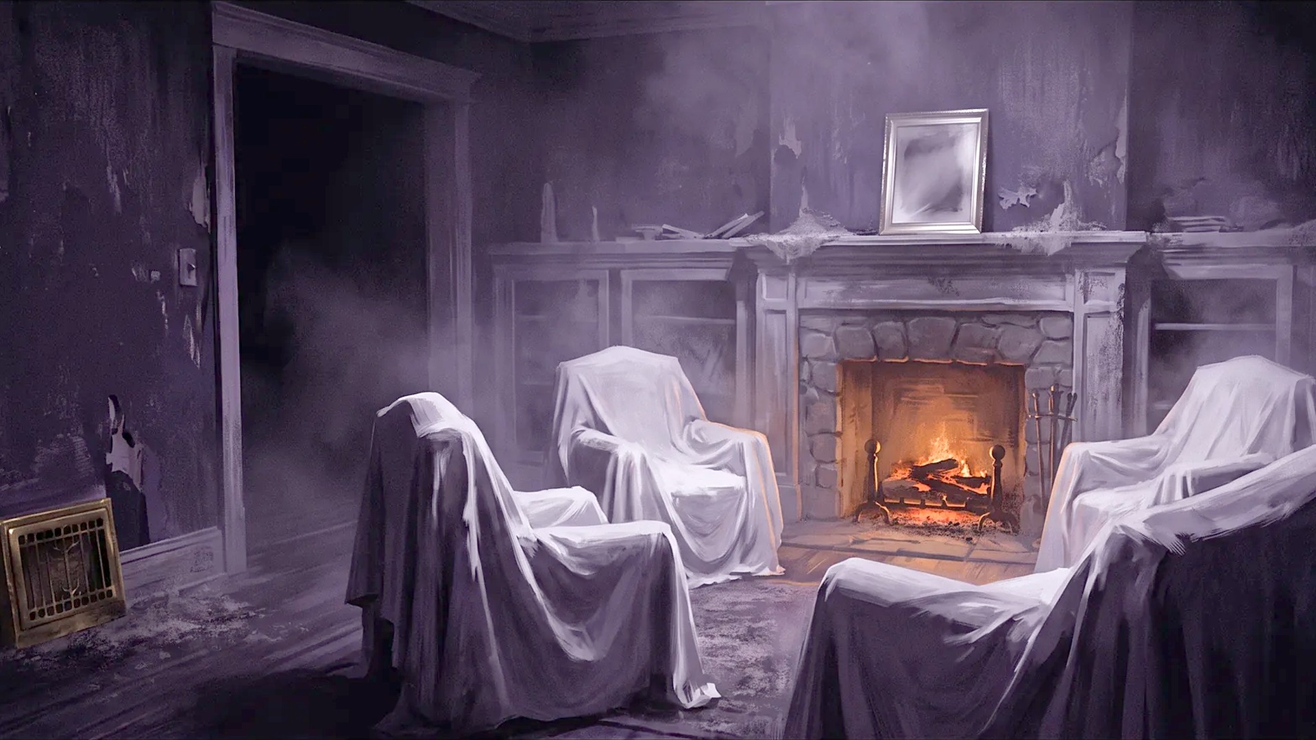Parlor with sheet-covered chairs and a lit fireplace