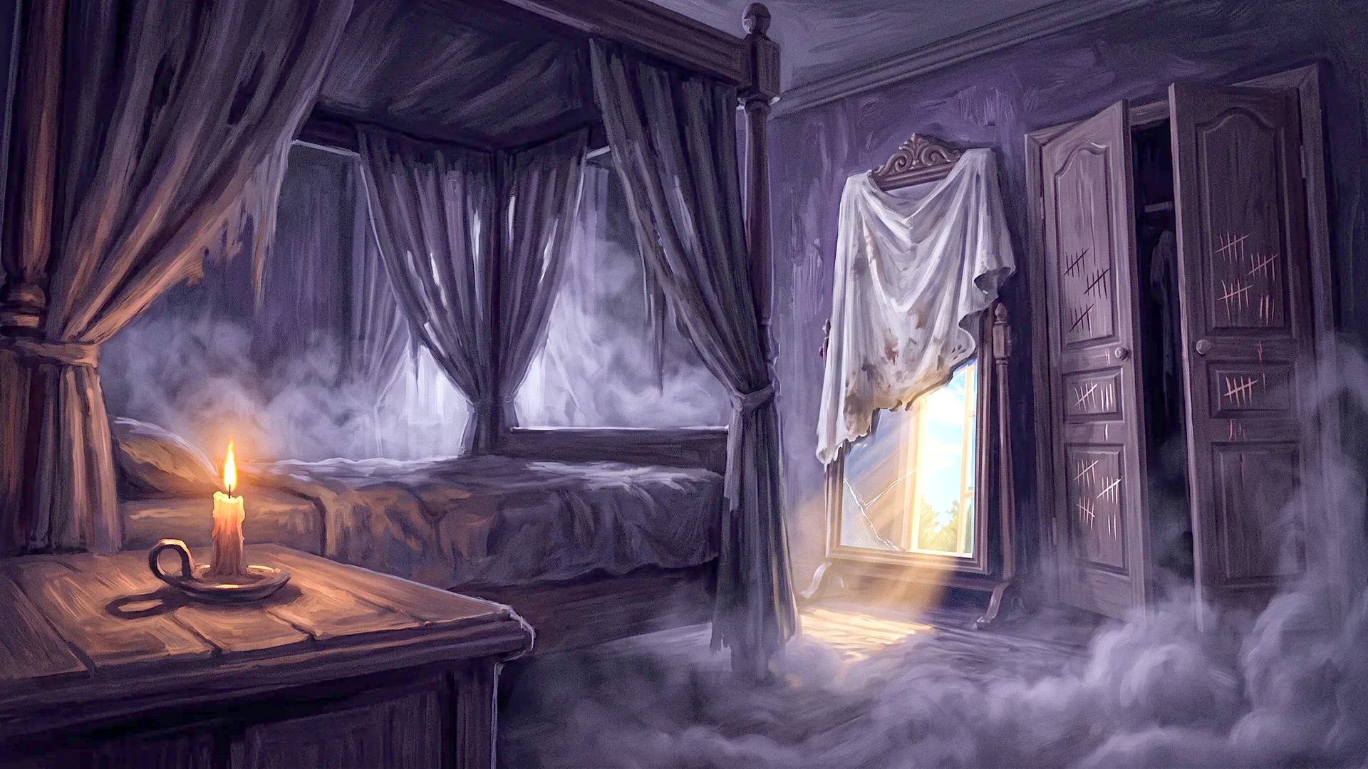 Upstairs bedroom lit by a candle with tally marks on the door