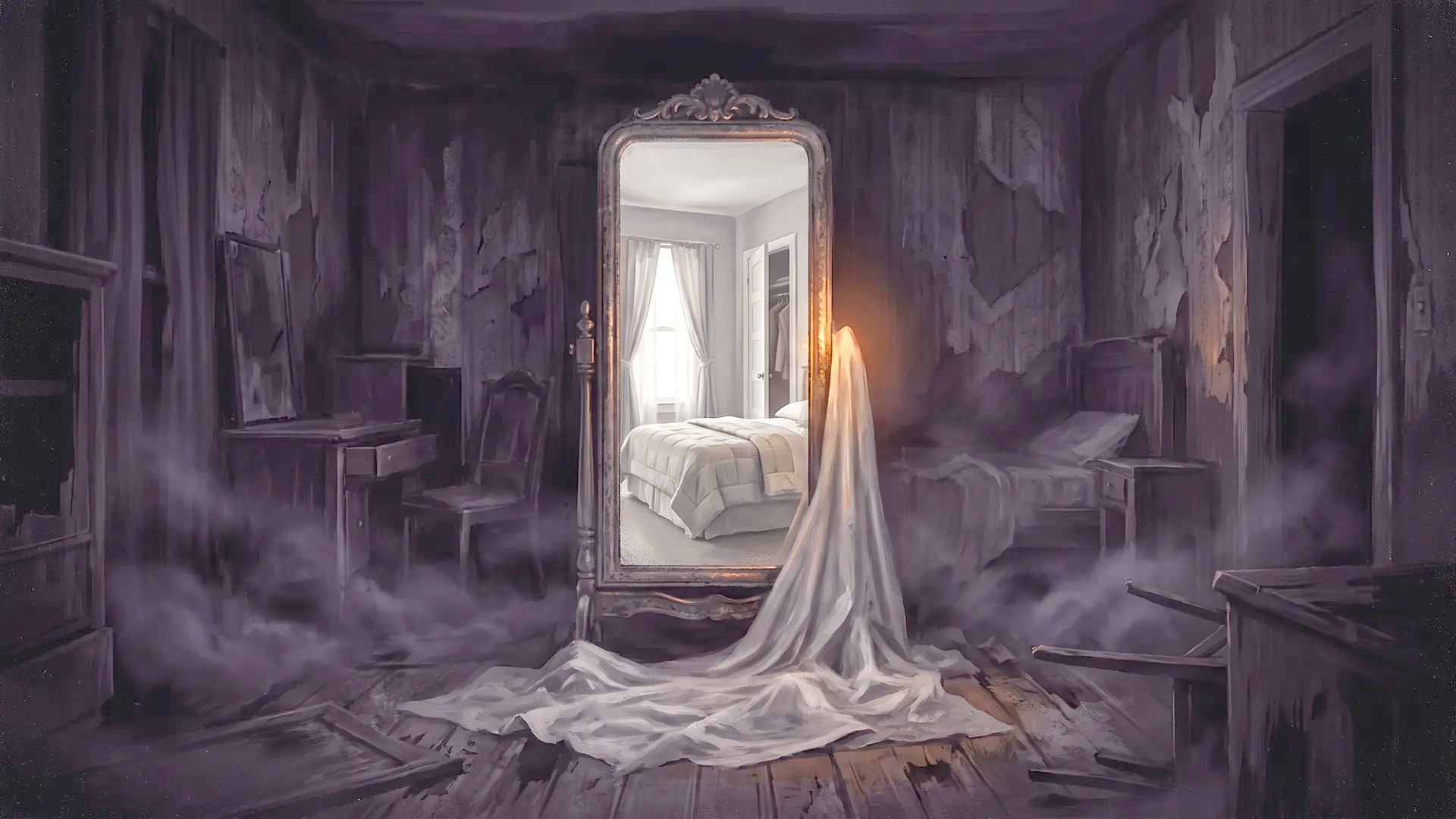 Tall mirror reflecting a different, brighter bedroom