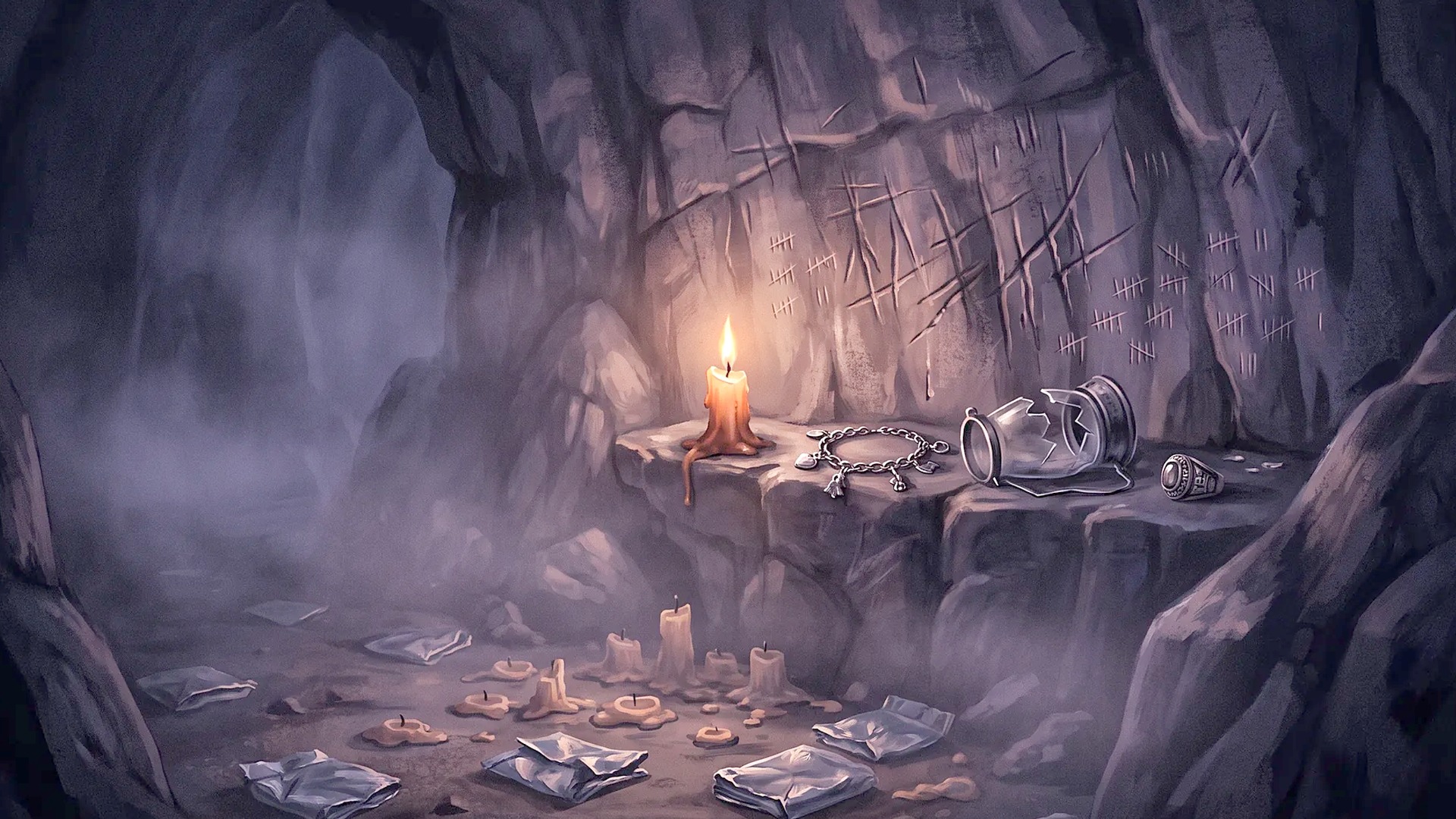 Cellar ledge with candles, letters and tally marks on rock