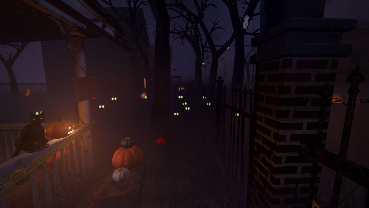 Pairs of eyes glowing in the dark trees beyond the gate