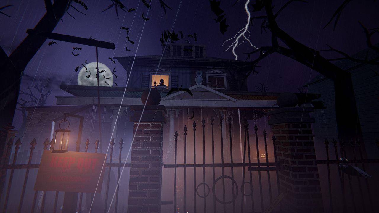 The gate of the Blackwood house in a storm; a figure stands in the lit upstairs window