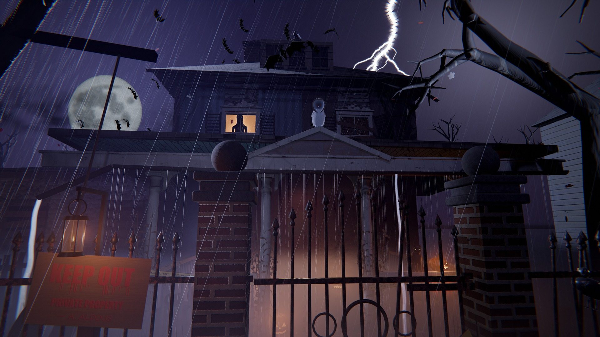 The gate of the Blackwood house on Hollow Street in a storm; a figure stands in the lit upstairs window