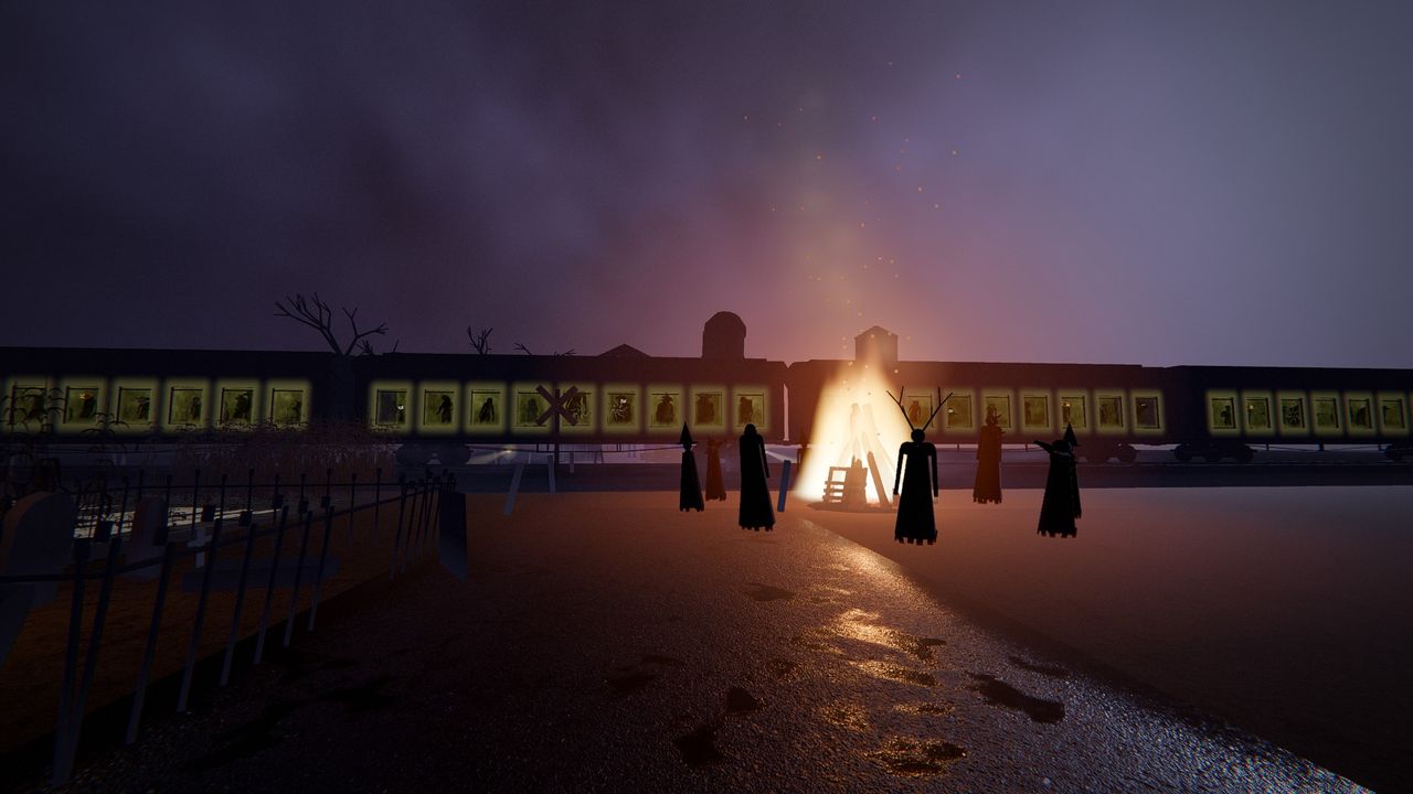 A night train crossing the field, every window lit and occupied