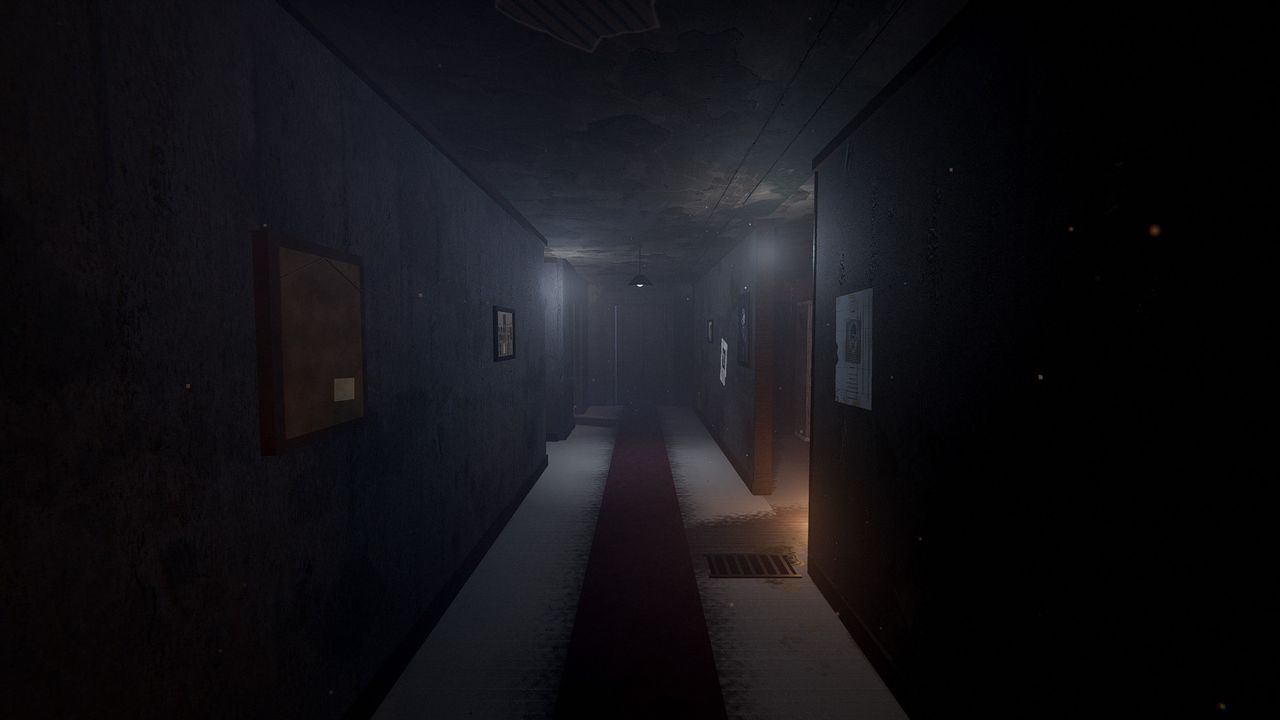 The dim downstairs hall of the house, doors half open