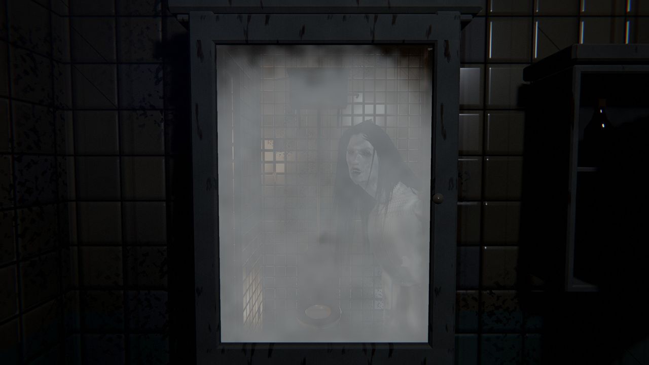 A fogged bathroom mirror with a pale figure reflected behind you